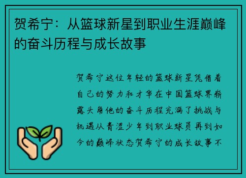贺希宁：从篮球新星到职业生涯巅峰的奋斗历程与成长故事